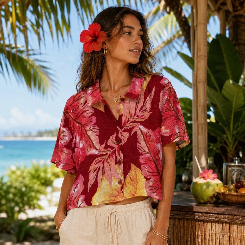 Tropical‎ 100% Linen Button Up Crop Top XL Red Pink Sequin Leaf VTG Euro Summer